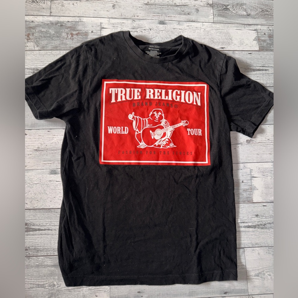 True Religion Black Short-Sleeve Tee with Red Graphic Panel